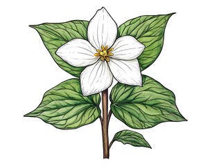 White trillium flower illustration, standing on a stem, green leaves, white background, decorative print use