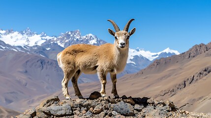 Obraz premium Wild goat standing in mountain habitat, snow peaks visible behind, blue sky, used for outdoors imagery