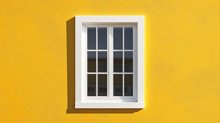 Fototapeta premium White Window on Yellow Wall with Plants / 植物のある黄色い壁の白い窓