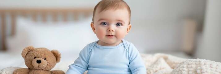 A baby is sitting on a bed with a teddy bear next to him. The baby is smiling and looking at the camera. The scene is warm and cozy, with the teddy bear providing a sense of comfort