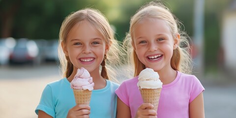 Two young girls are smiling and holding ice cream cones. The girls are wearing pink shirts and are standing on a sidewalk