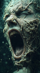 A haunting figure emerges with a distorted, textured face, expressing a powerful emotion.