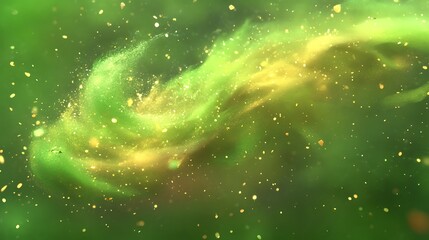 A vibrant swirling cosmic cloud with golden and green hues