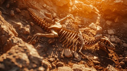 Naklejka premium Fossilized dinosaur skeletons in a rocky excavation site under warm sunlight.