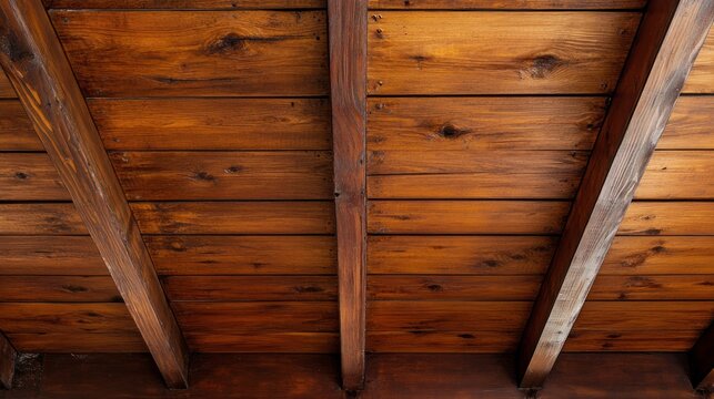 Rustic wooden ceiling with exposed beams in warm tones highlighting natural grain and texture - Powered by Adobe