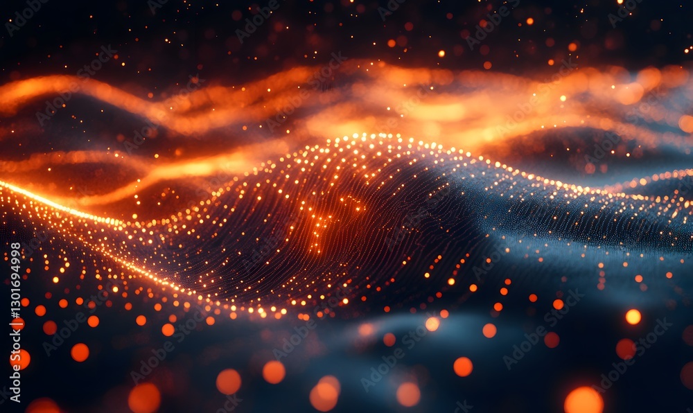 Poster abstract glowing orange particle waves on a dark background creating a dynamic visual