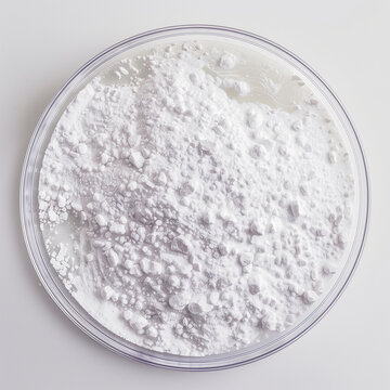 Close-up of white powder in a petri dish.