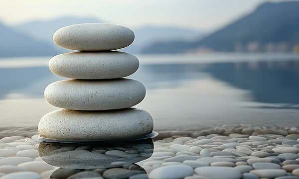 Four smooth, stacked white stones reflecting in calm water with a blurred mountain background.