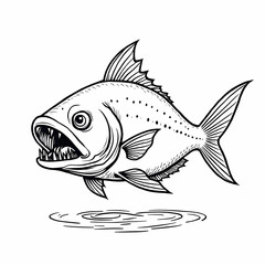 Fototapeta premium Piranha with Sharp Teeth Swimming in Water Line Art