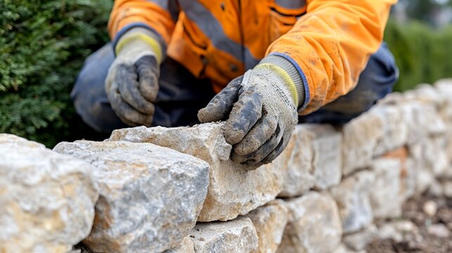 Construction worker carefully placing stones to build a garden wall in a landscaped area