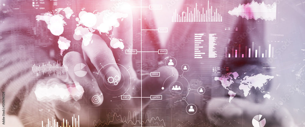 Wall mural business dashboard with key performance indicators on a virtual screen city interface