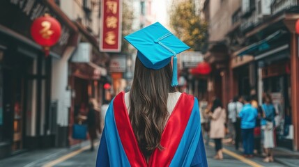 Asian graduate in gown and cap, city street graduation ceremony