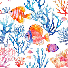 Fototapeta premium Coral and fish watercolor pattern on white background 