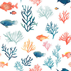 Fototapeta premium Coral and fish watercolor pattern on white background 