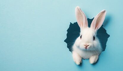Obraz premium White Rabbit Peeking Through Hole in Light Blue Background