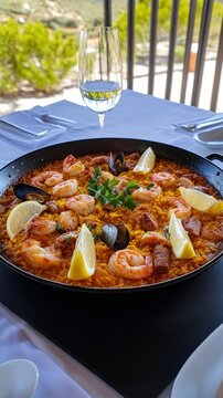 Traditional Spanish paella served outdoors with shrimp, mussels, and chorizo in a black skillet by the Mediterranean Sea