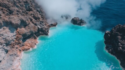 Aerial view of volcanic hot spring, ocean backdrop. Travel brochure use