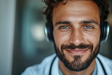 Fototapeta premium A female physician with a friendly demeanor, donning headphones, communicates with a patient through a video call, offering support and counsel as she attends a virtual medical webinar or conference