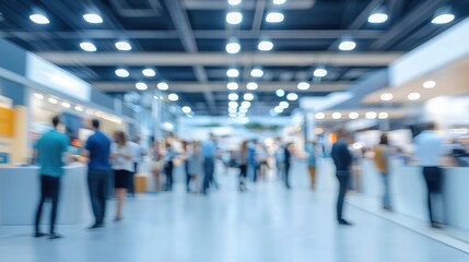 Blurred View of Busy Exhibition Hall with Indistinct Attendees