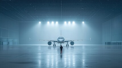 Illuminated commercial aircraft stands alone in a vast dimly lit hangar with dramatic blue toned lighting highlighting its sleek aerodynamic form  The image conveys a sense of power technology