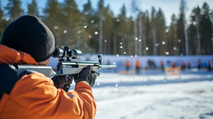 Biathlete aiming at target during race at shooting range with precision and focus on performance