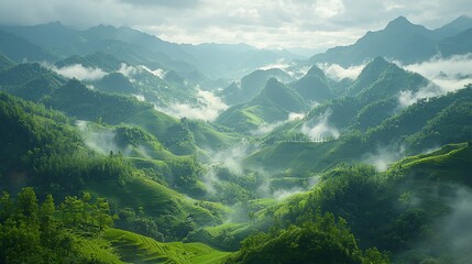 Obraz premium Misty green mountains and valleys landscape.