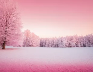 Selbstklebende Fototapeten Serene winter landscape featuring frosty trees against a soft pink sky at dusk. © Nikolay
