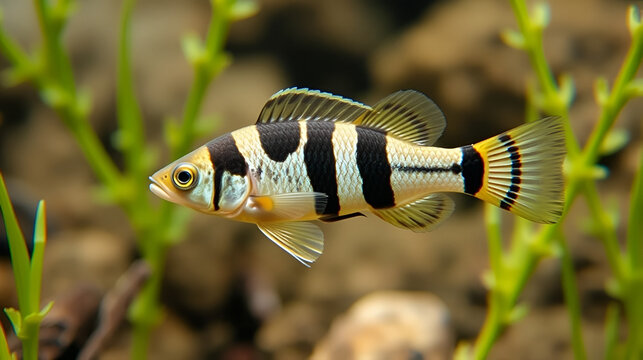 Clown loach or tiger botia fish  (Chromobotia macracanthus) in natural habitat