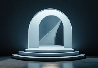 Fototapeta premium A sleek, modern architectural structure featuring a curved archway and a spiral staircase, illuminated in soft lighting against a dark backdrop.