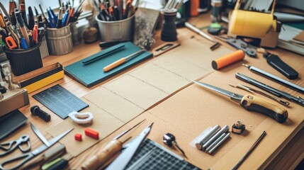 Craft workstation, tools, papers, and supplies on a wooden desk