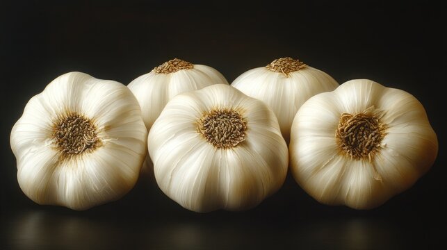 Four garlic bulbs close-up on black background