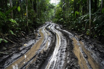 Fototapeta premium Muddy forest trail with tire tracks in lush tropical jungle setting