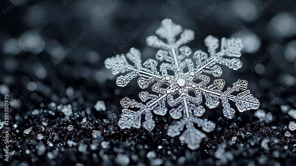 Poster detailed macro shot of delicate ice crystal snowflake resting on dark textured snow
