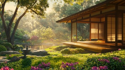 Obraz premium Serene Japanese garden pavilion at sunrise.