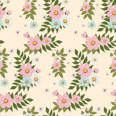 The simple floral design features evenly spaced delicate flowers against a light, neutral background. For textiles, cotton fabric, covers, wallpaper, printing, cards, scrapbooking.
