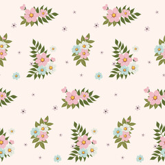 The simple floral design features evenly spaced delicate flowers against a light, neutral background. For textiles, cotton fabric, covers, wallpaper, printing, cards, scrapbooking.

