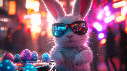 DJ rabbit in sunglasses mixing at a colorful party with Easter eggs