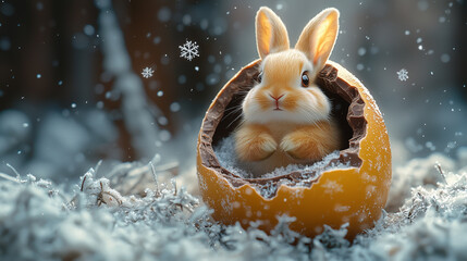 Cute bunny emerging from chocolate egg in snowy winter landscape