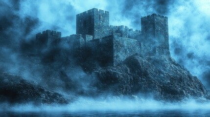 Fototapeta premium Mysterious stone castle on a misty cliff overlooking the sea.
