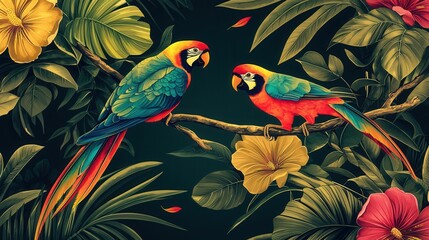 Fototapeta premium Elegant and Modern Tropical Themed Wallpaper with Vibrant Parrots Perched on Lush Foliage and Blooming Flowers in a Bright Colorful and Naturalistic Scene