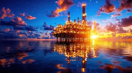 Expansive oil refinery complex illuminated by the warm golden glow of sunset its towering structures mirrored in the calm waters surrounding it creating a serene and picturesque industrial landscape