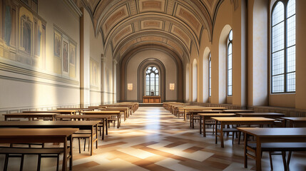 Fototapeta premium Elegant academic hall with wooden desks and arched ceiling design