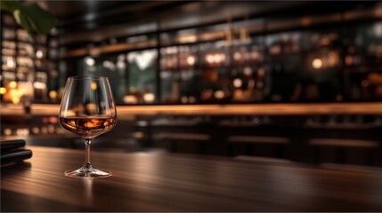 Glass of amber liquid on a wooden surface in a modern bar with warm, cozy ambiance.