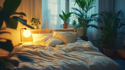 Cozy Bedroom Interior with Plants and Warm Lighting