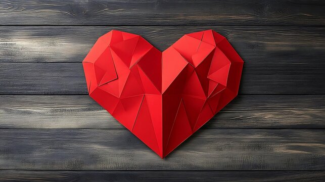 Low-Poly Red Heart on Dark Wood Background AI Generated