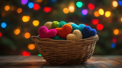 Colorful Plush Hearts in Decorative Basket