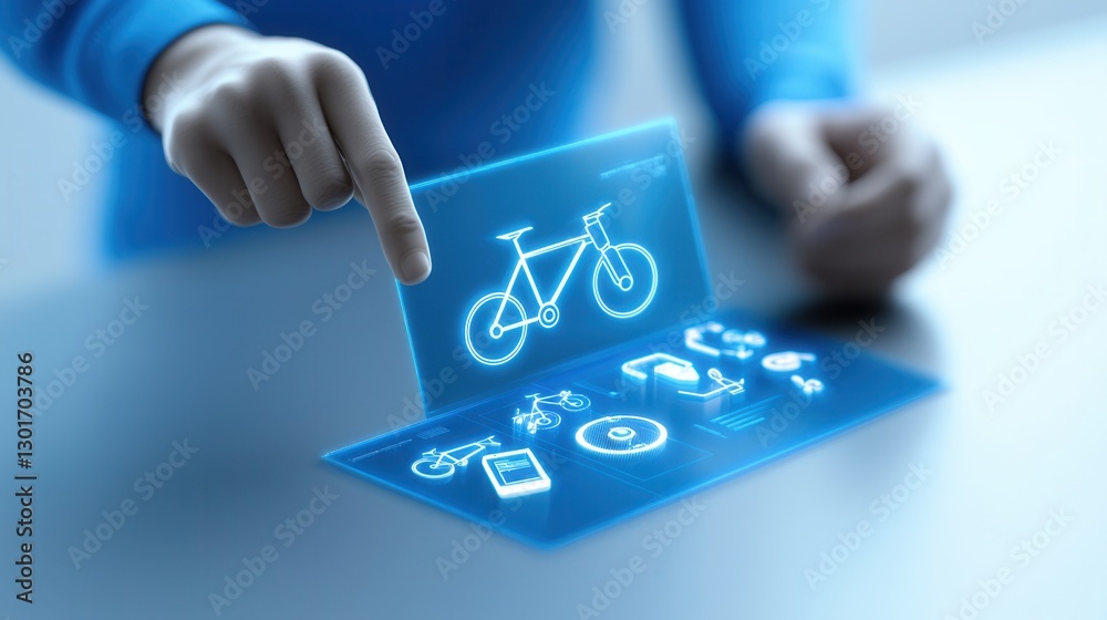 Poster engineer or designer adjusting and interacting with a futuristic digital display featuring touchscre