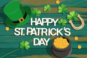 Vector design of St. Patrick&rsquo;s Day logotype. Hand sketched lettering typography with leprechaun hat and clovers on textured background. Illustration for beer or ale festival poster, flyer, badge, icon