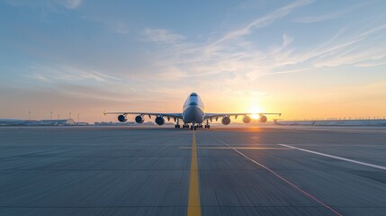 Fototapeta premium Large Cargo Plane Parked on the Runway with Soft Natural Lighting During Sunrise or Sunset at the Airport Terminal Building