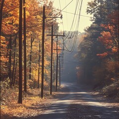 Obraz premium Autumn road with poles amid colorful forest